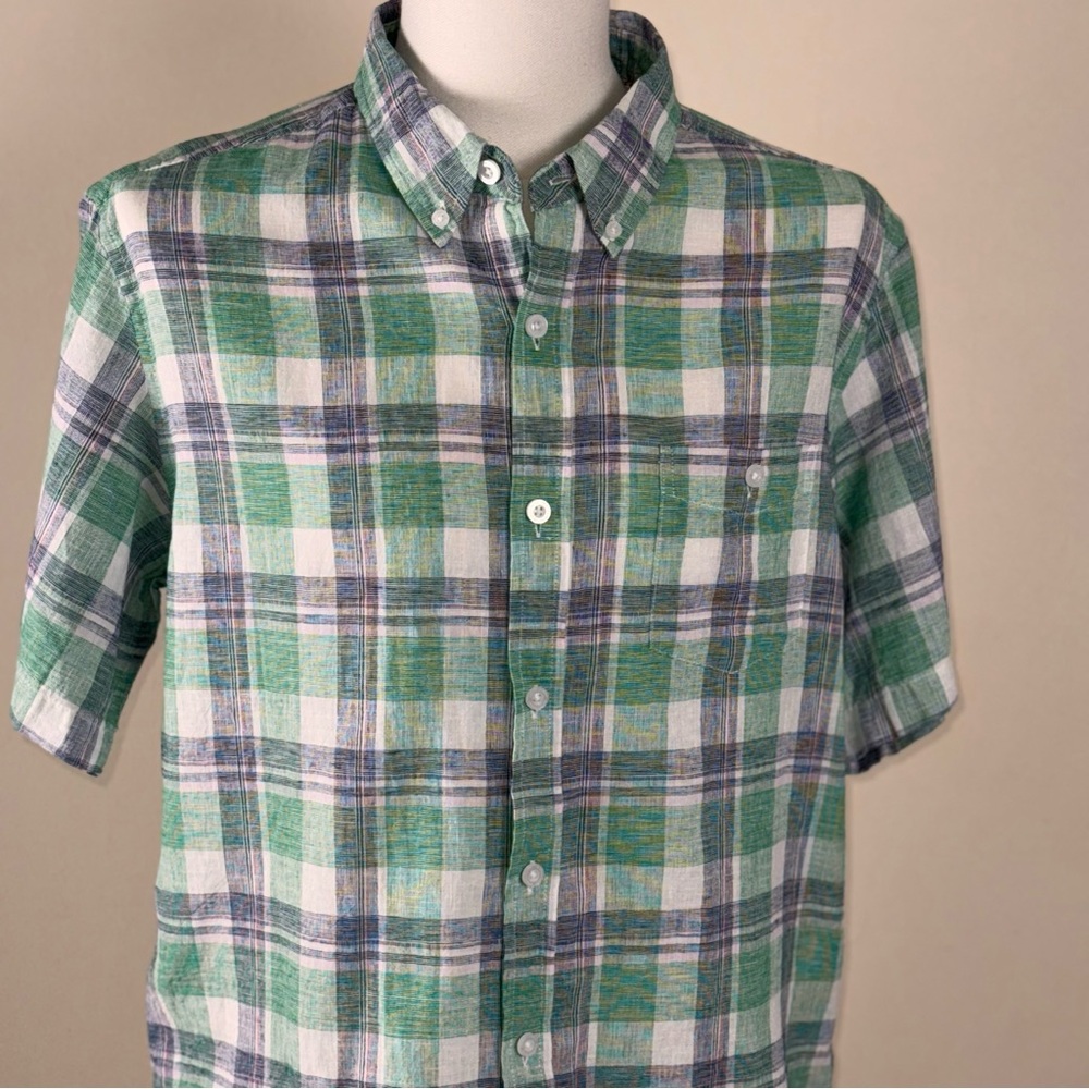 Weatherproof Vintage Men’s Large Linen Green & White Plaid lightweight Summer